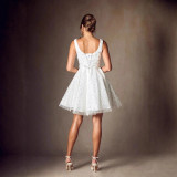 Women White Spaghetti Strap Light Wedding Gown Sequined Evening Dress