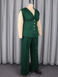 Women V-Neck Pleated Top and Wide-Leg Pants Two-Piece Set