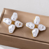 Women elegant Irregular Shaped Faux Pearl Four-Leaf Petal Earrings