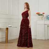 Women Sequined Bridesmaid Sleeveless One-Shoulder Prom Dress（Processing time need 3-6 days）