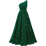 Women Sequined Bridesmaid Sleeveless One-Shoulder Prom Dress（Processing time need 3-6 days）