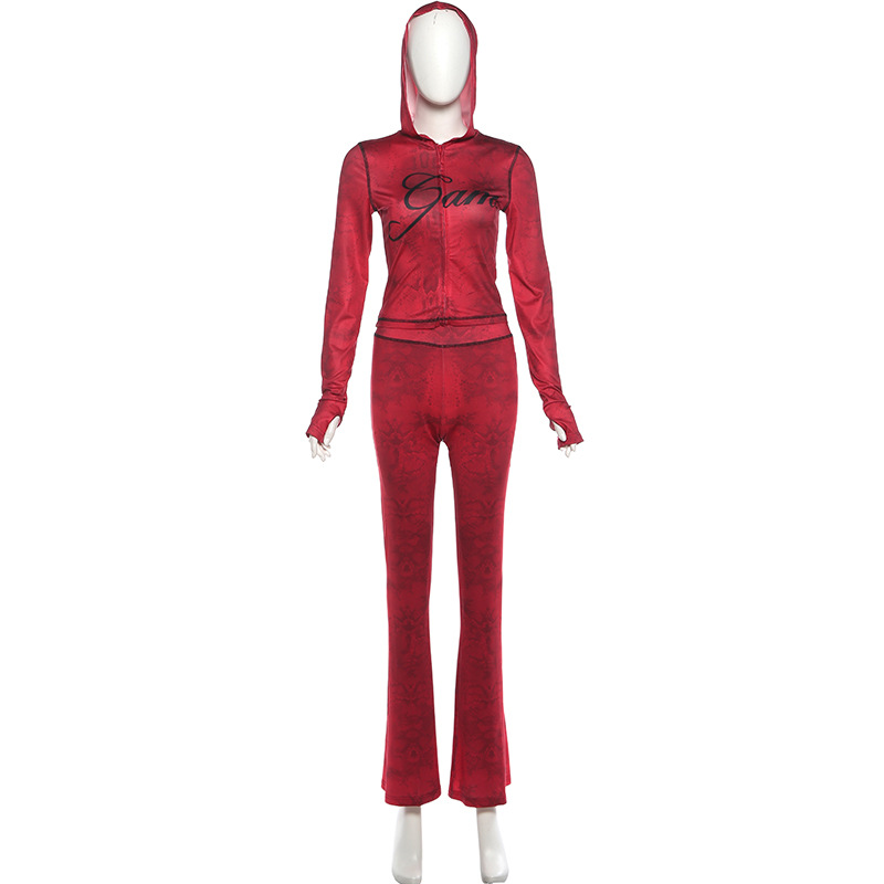 Women Autumn/Winter Top Print Long Pants Two-Piece Set