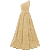 Women Sequined Bridesmaid Sleeveless One-Shoulder Prom Dress（Processing time need 3-6 days）