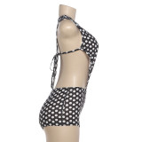 Women Winter Polka Dot Sexy Hollow-Out Bodysuit and Shorts Two-Piece Set