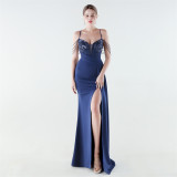 Women Beaded Floral Embroidered Pleated V-Neck Fishtail Slit Evening Dress