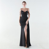 Women Beaded Floral Embroidered Pleated V-Neck Fishtail Slit Evening Dress