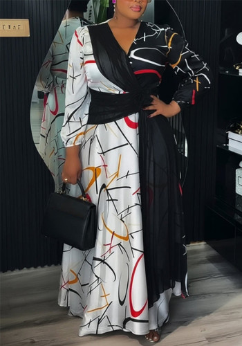 Plus Size Women Elegant V-Neck Long-Sleeve Dress