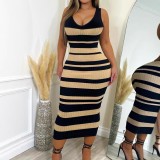 Women summer sexy striped print sleeveless Ribbed Dress