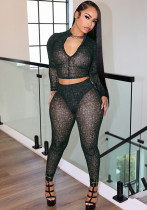 Women autumn Mesh Long-sleeved Zipper Top and Pants Two-piece Set