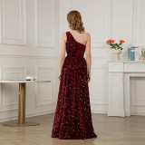 Women Sequined Bridesmaid Sleeveless One-Shoulder Prom Dress（Processing time need 3-6 days）