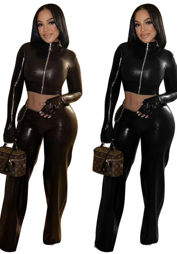 Women Pu-Leather Casual Stretchy Top with Gloves and Pant Two-Piece Set