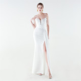 Women Beaded Floral Embroidered Pleated V-Neck Fishtail Slit Evening Dress