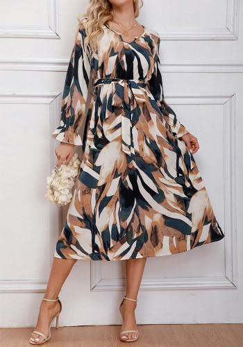 Women Casual Tie-Waist V-Neck Bell Bottom Sleeve Dress