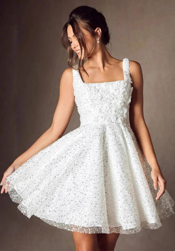 Women White Spaghetti Strap Light Wedding Gown Sequined Evening Dress