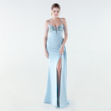 Women Beaded Floral Embroidered Pleated V-Neck Fishtail Slit Evening Dress