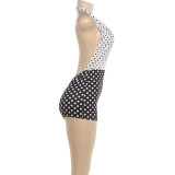 Women Winter Color Block Polka Dot Print Sexy Halter Neck Backless Jumpsuit