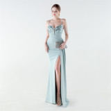 Women Beaded Floral Embroidered Pleated V-Neck Fishtail Slit Evening Dress