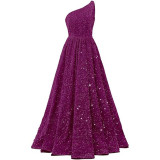Women Sequined Bridesmaid Sleeveless One-Shoulder Prom Dress（Processing time need 3-6 days）