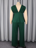 Women V-Neck Pleated Top and Wide-Leg Pants Two-Piece Set