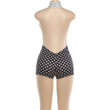 Women Winter Color Block Polka Dot Print Sexy Halter Neck Backless Jumpsuit