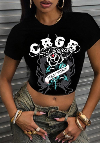 Women Printed Short-Sleeved Crop Top