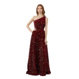 Women Sequined Bridesmaid Sleeveless One-Shoulder Prom Dress（Processing time need 3-6 days）