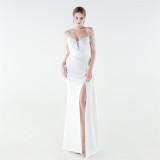 Women Beaded Floral Embroidered Pleated V-Neck Fishtail Slit Evening Dress