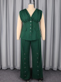 Women V-Neck Pleated Top and Wide-Leg Pants Two-Piece Set