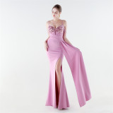 Women Beaded Floral Embroidered Pleated V-Neck Fishtail Slit Evening Dress