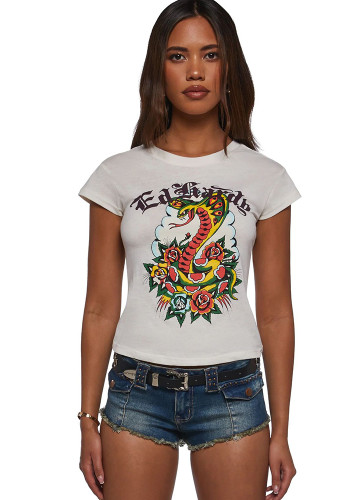 Women Printed Short-Sleeved Crop Top