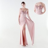 Women Beaded Floral Embroidered Pleated V-Neck Fishtail Slit Evening Dress