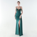 Women Beaded Floral Embroidered Pleated V-Neck Fishtail Slit Evening Dress