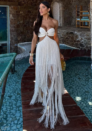 Women Strapless Lace-Up Bodycon Two-piece set of long tassel beach dress