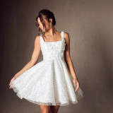 Women White Spaghetti Strap Light Wedding Gown Sequined Evening Dress