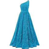 Women Sequined Bridesmaid Sleeveless One-Shoulder Prom Dress（Processing time need 3-6 days）