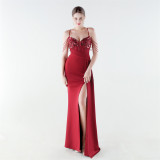 Women Beaded Floral Embroidered Pleated V-Neck Fishtail Slit Evening Dress