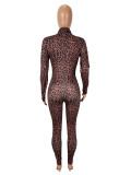 Women Sexy Leopard Print Long-Sleeved Jumpsuit