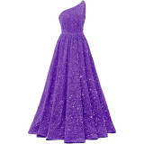 Women Sequined Bridesmaid Sleeveless One-Shoulder Prom Dress（Processing time need 3-6 days）