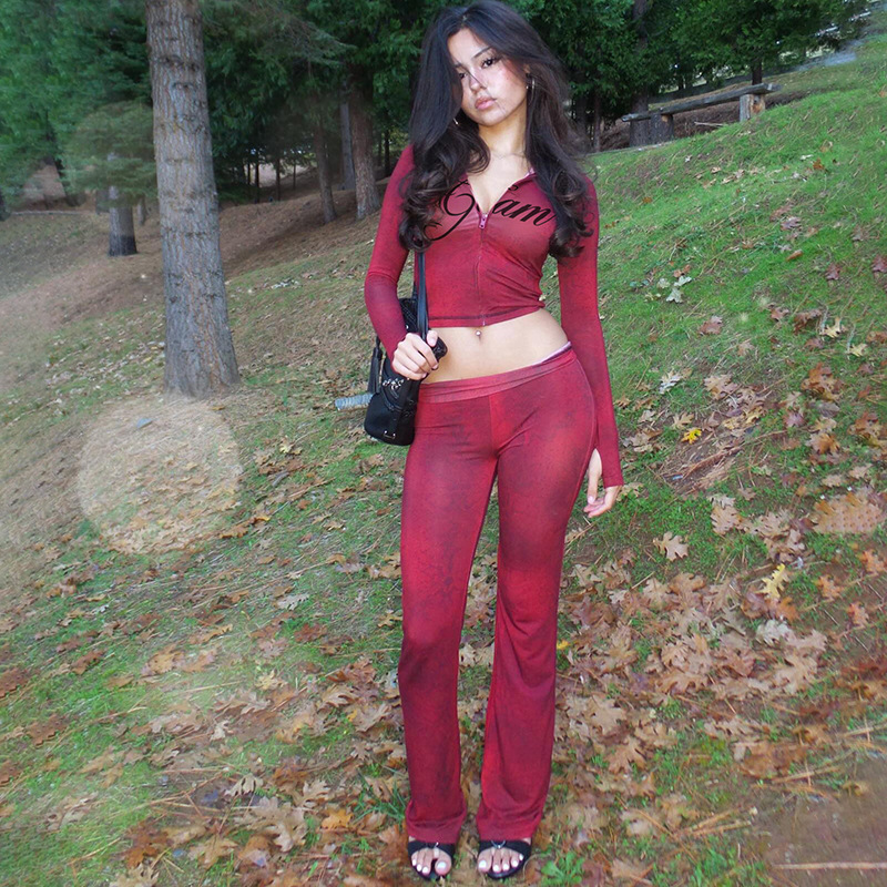 Women Autumn/Winter Top Print Long Pants Two-Piece Set