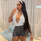 Women Winter Color Block Polka Dot Print Sexy Halter Neck Backless Jumpsuit