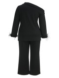 Plus Size Women Spring/Autumn/Summer Casual Solid Slash Shoulder Top and Pants Two-Piece Set
