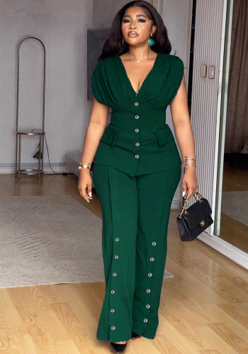 Women V-Neck Pleated Top and Wide-Leg Pants Two-Piece Set