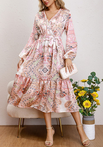 Women Spring Long-Sleeved Printed Elegant V-Neck Lace-Up Dress