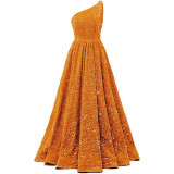 Women Sequined Bridesmaid Sleeveless One-Shoulder Prom Dress（Processing time need 3-6 days）