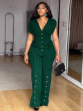 Women V-Neck Pleated Top and Wide-Leg Pants Two-Piece Set