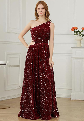 Women Sequined Bridesmaid Sleeveless One-Shoulder Prom Dress（Processing time need 3-6 days）