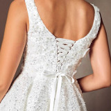 Women White Spaghetti Strap Light Wedding Gown Sequined Evening Dress