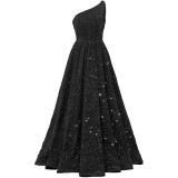 Women Sequined Bridesmaid Sleeveless One-Shoulder Prom Dress（Processing time need 3-6 days）