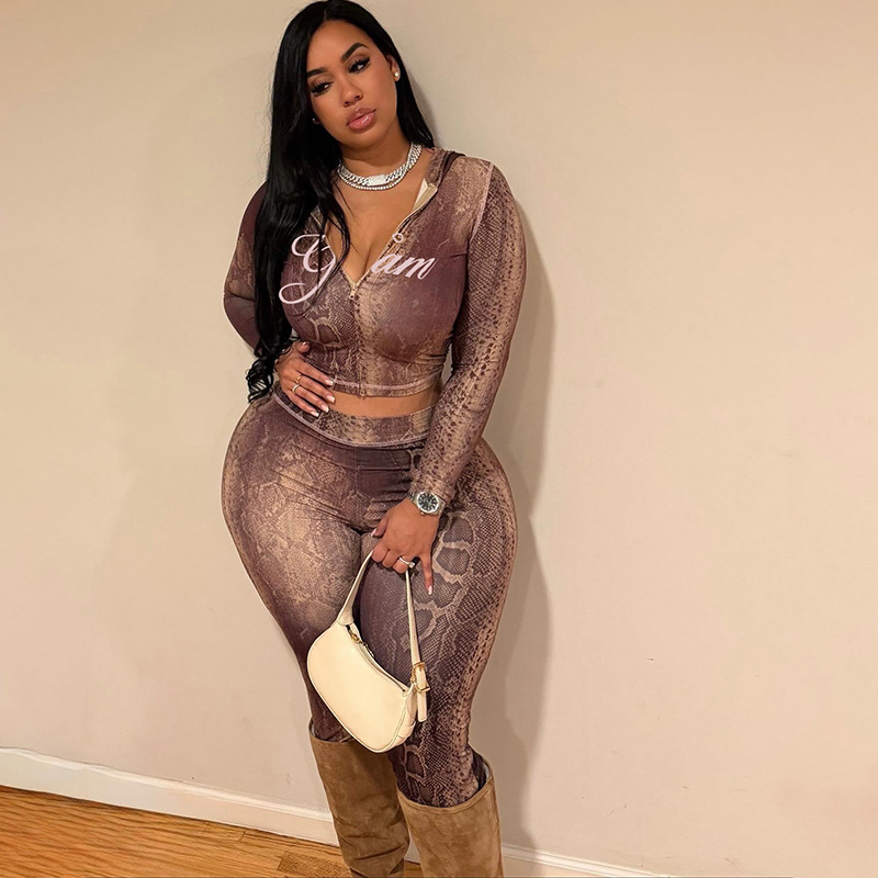 Women Autumn/Winter Top Print Long Pants Two-Piece Set