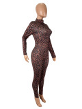 Women Sexy Leopard Print Long-Sleeved Jumpsuit